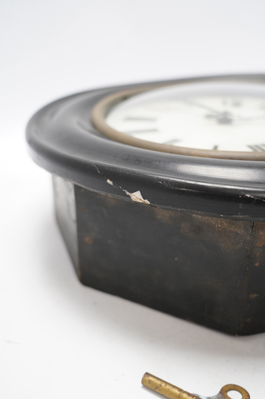 A late 19th century circular wall timepiece, dial 24.5cm. Condition - poor